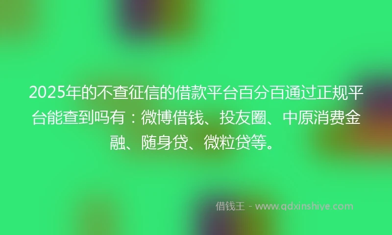 2025年的不查征信的借款平台百分百通过正规平台能查到吗有：微博借钱、投友圈、中原消费金融、随身贷、微粒贷等。