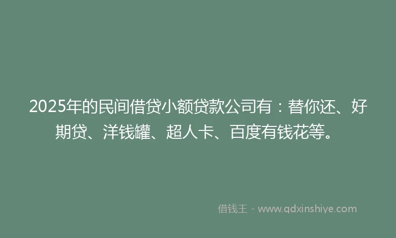 2025年的民间借贷小额贷款公司有：替你还、好期贷、洋钱罐、超人卡、百度有钱花等。