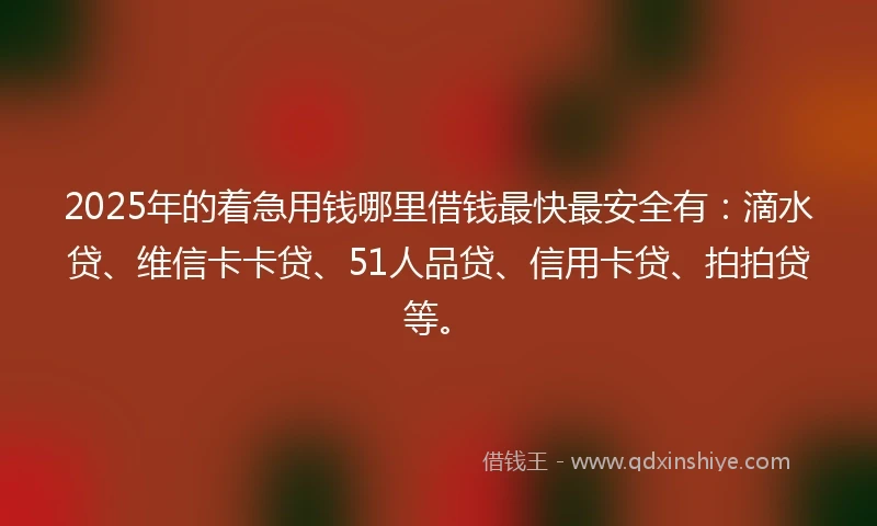2025年的着急用钱哪里借钱最快最安全有：滴水贷、维信卡卡贷、51人品贷、信用卡贷、拍拍贷等。