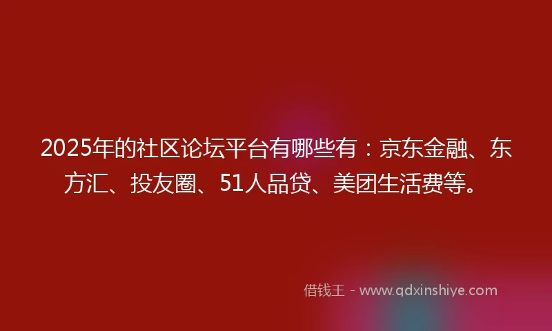 2025年的社区论坛平台有哪些有：京东金融、东方汇、投友圈、51人品贷、美团生活费等。