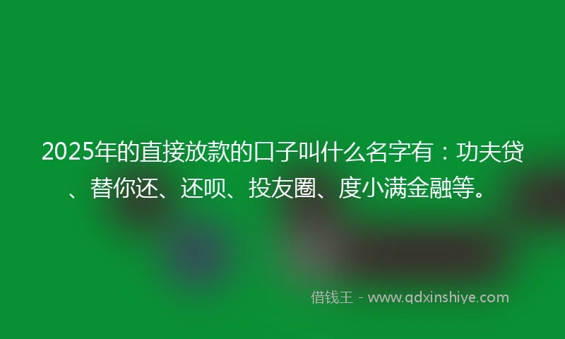 2025年的直接放款的口子叫什么名字有：功夫贷、替你还、还呗、投友圈、度小满金融等。