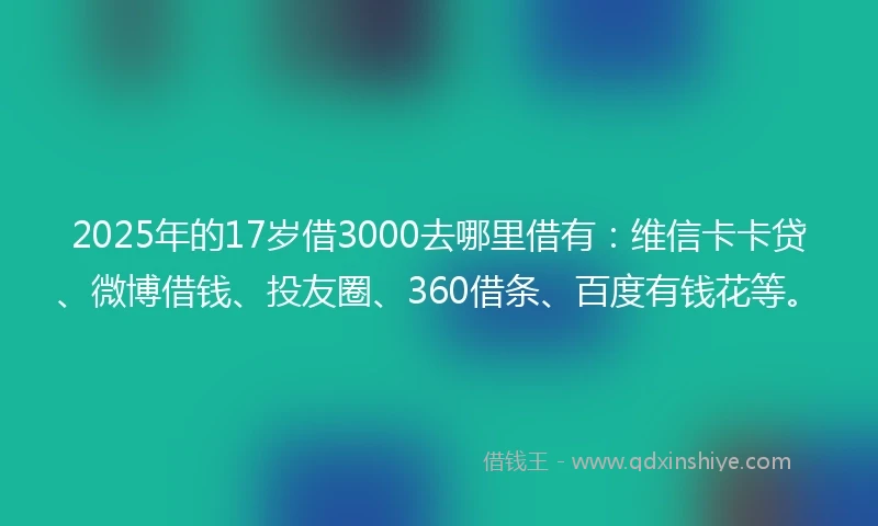2025年的17岁借3000去哪里借有：维信卡卡贷、微博借钱、投友圈、360借条、百度有钱花等。