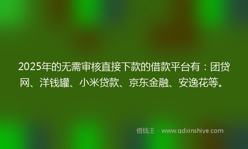 2025年的无需审核直接下款的借款平台有：团贷网、洋钱罐、小米贷款、京东金融、安逸花等。