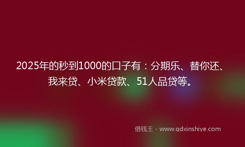 2025年的秒到1000的口子有：分期乐、替你还、我来贷、小米贷款、51人品贷等。