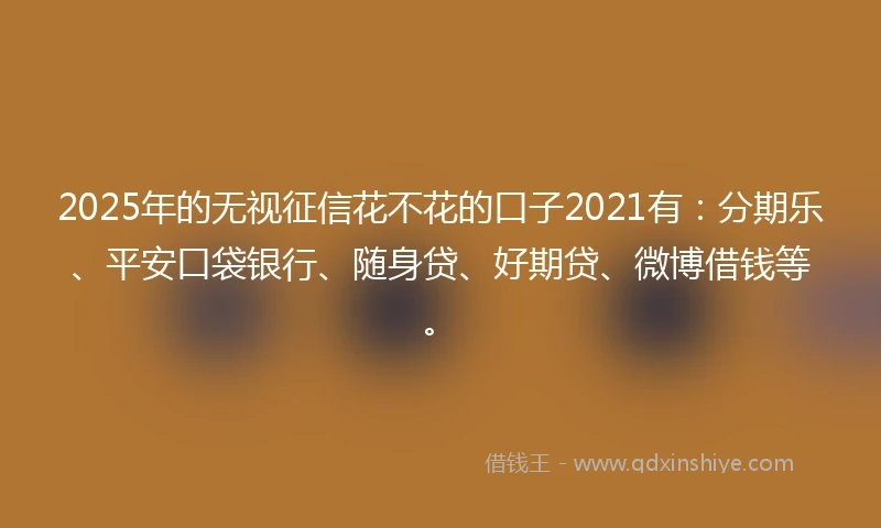 2025年的无视征信花不花的口子2021有：分期乐、平安口袋银行、随身贷、好期贷、微博借钱等。