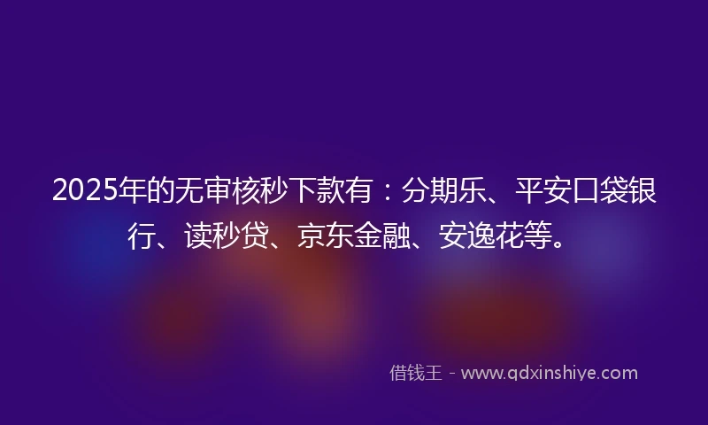 2025年的无审核秒下款有：分期乐、平安口袋银行、读秒贷、京东金融、安逸花等。
