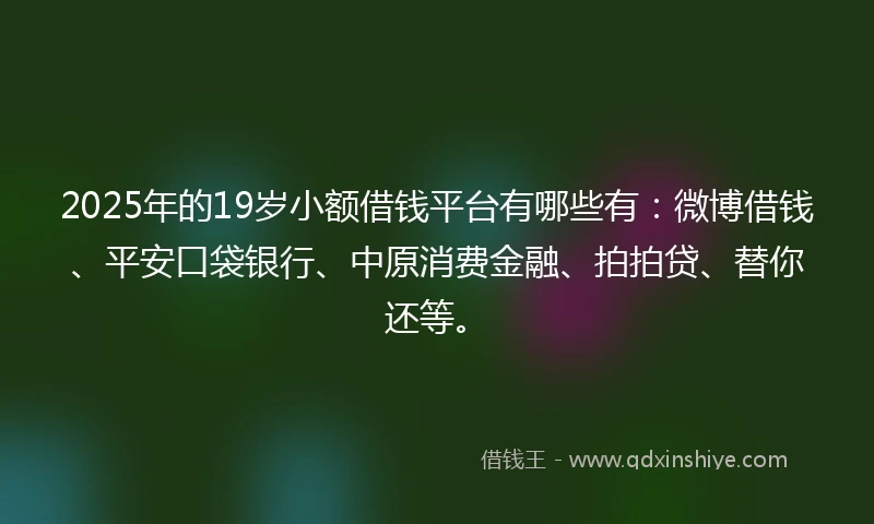 2025年的19岁小额借钱平台有哪些有：微博借钱、平安口袋银行、中原消费金融、拍拍贷、替你还等。