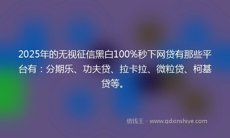 2025年的无视征信黑白100%秒下网贷有那些平台有：分期乐、功夫贷、拉卡拉、微粒贷、柯基贷等。