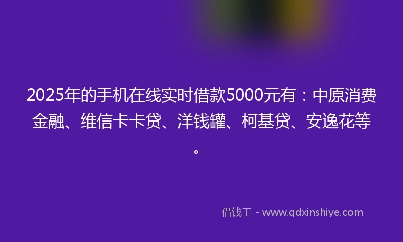 2025年的手机在线实时借款5000元有：中原消费金融、维信卡卡贷、洋钱罐、柯基贷、安逸花等。