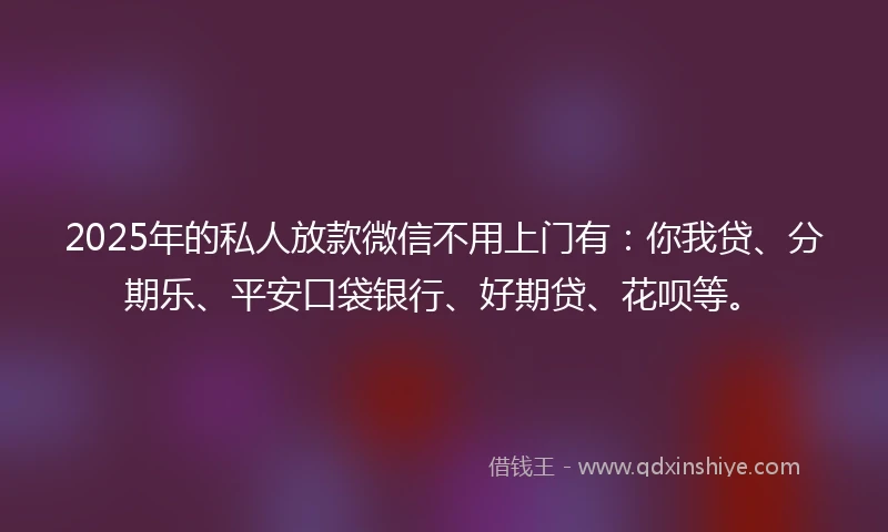 2025年的私人放款微信不用上门有：你我贷、分期乐、平安口袋银行、好期贷、花呗等。