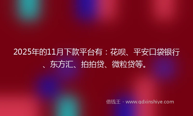 2025年的11月下款平台有：花呗、平安口袋银行、东方汇、拍拍贷、微粒贷等。