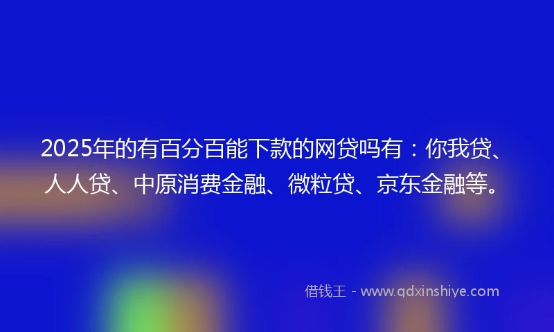 2025年的有百分百能下款的网贷吗有：你我贷、人人贷、中原消费金融、微粒贷、京东金融等。