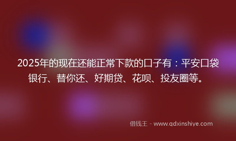 2025年的现在还能正常下款的口子有：平安口袋银行、替你还、好期贷、花呗、投友圈等。