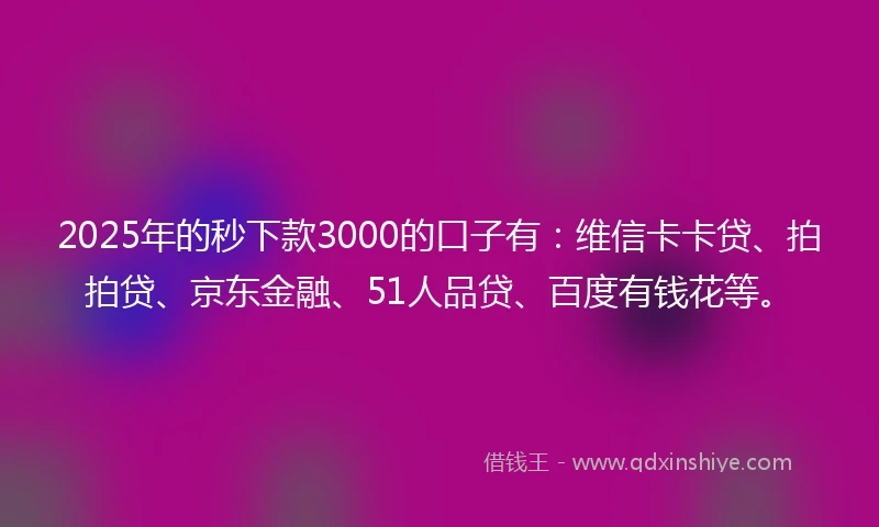 2025年的秒下款3000的口子有：维信卡卡贷、拍拍贷、京东金融、51人品贷、百度有钱花等。