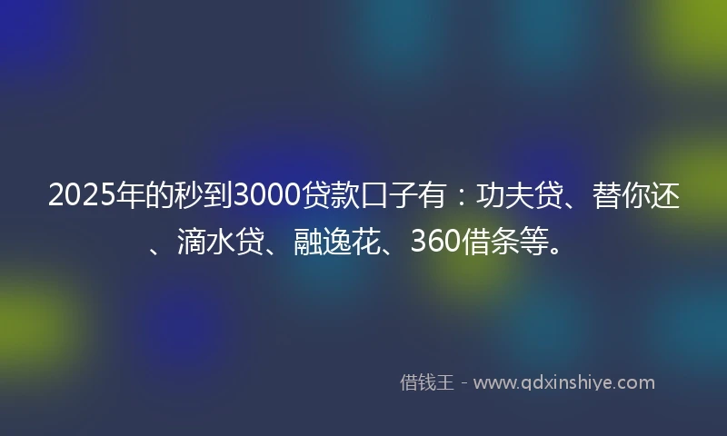 2025年的秒到3000贷款口子有：功夫贷、替你还、滴水贷、融逸花、360借条等。