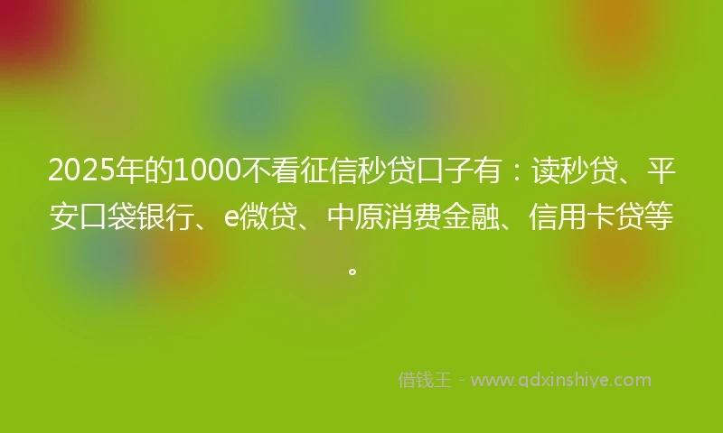 2025年的1000不看征信秒贷口子有：读秒贷、平安口袋银行、e微贷、中原消费金融、信用卡贷等。
