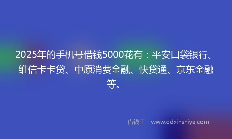 2025年的手机号借钱5000花有：平安口袋银行、维信卡卡贷、中原消费金融、快贷通、京东金融等。