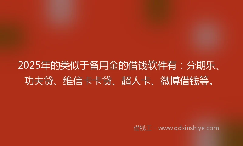 2025年的类似于备用金的借钱软件有：分期乐、功夫贷、维信卡卡贷、超人卡、微博借钱等。
