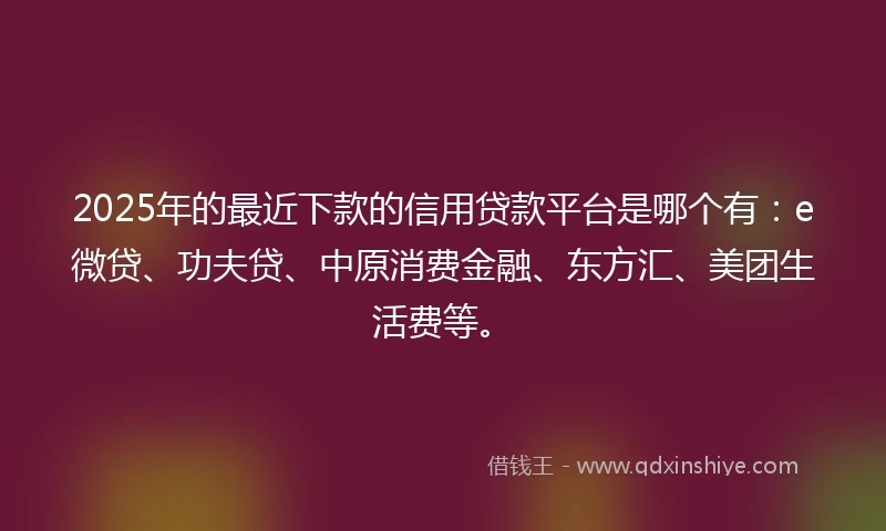 2025年的最近下款的信用贷款平台是哪个有：e微贷、功夫贷、中原消费金融、东方汇、美团生活费等。