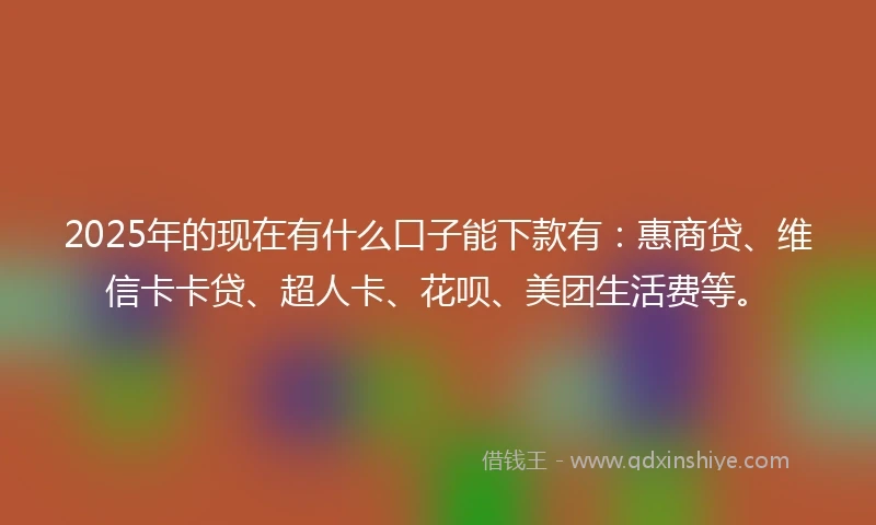 2025年的现在有什么口子能下款有：惠商贷、维信卡卡贷、超人卡、花呗、美团生活费等。