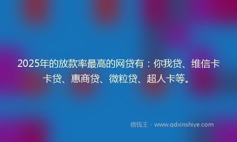 2025年的放款率最高的网贷有：你我贷、维信卡卡贷、惠商贷、微粒贷、超人卡等。