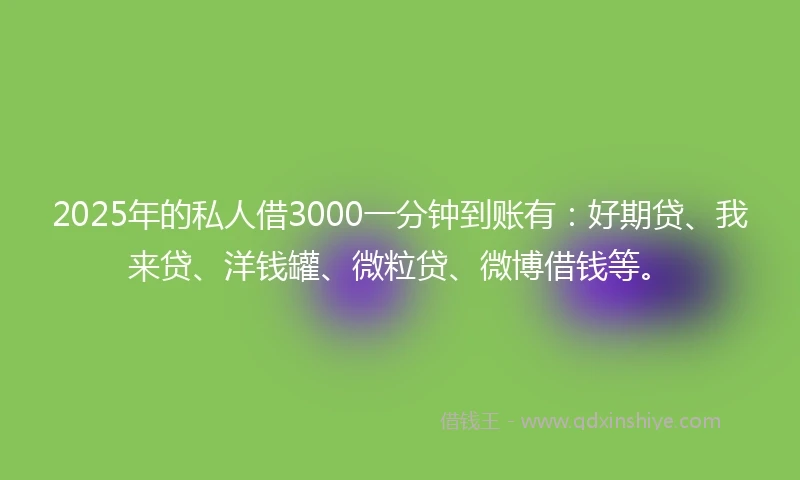 2025年的私人借3000一分钟到账有：好期贷、我来贷、洋钱罐、微粒贷、微博借钱等。