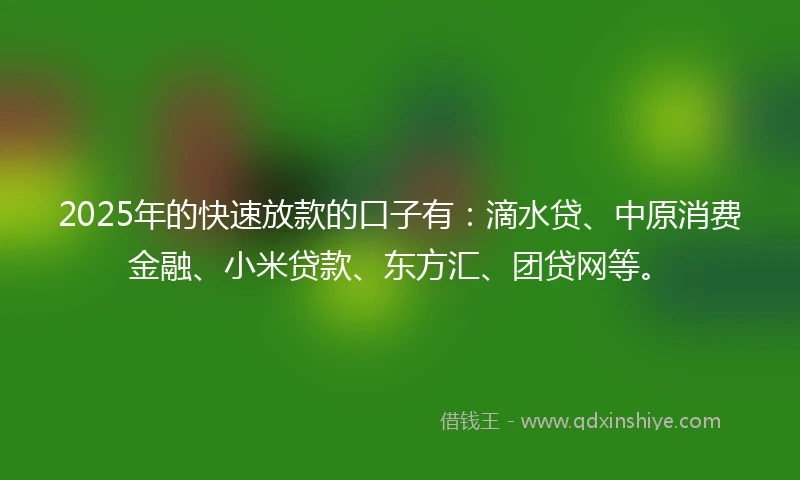2025年的快速放款的口子有：滴水贷、中原消费金融、小米贷款、东方汇、团贷网等。