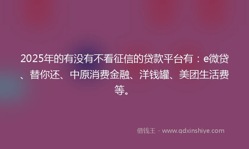 2025年的有没有不看征信的贷款平台有：e微贷、替你还、中原消费金融、洋钱罐、美团生活费等。