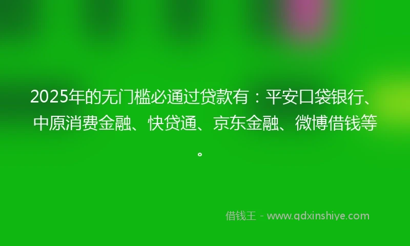 2025年的无门槛必通过贷款有：平安口袋银行、中原消费金融、快贷通、京东金融、微博借钱等。