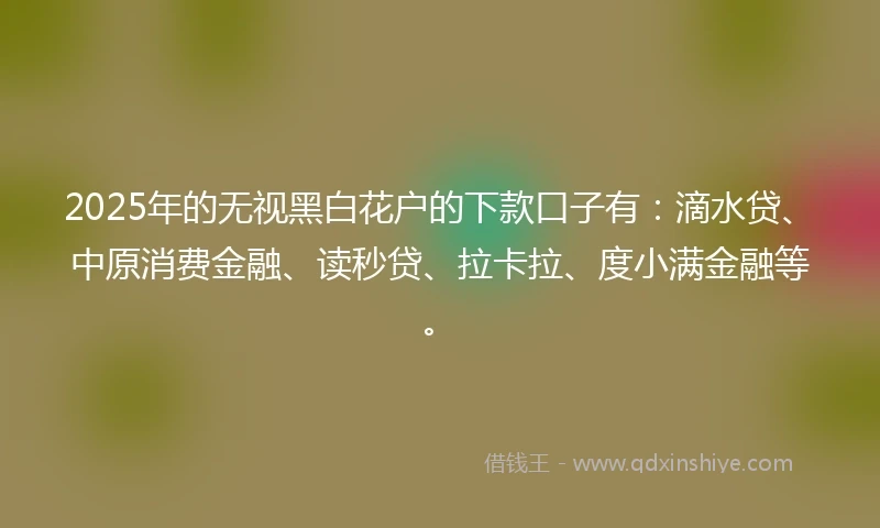 2025年的无视黑白花户的下款口子有：滴水贷、中原消费金融、读秒贷、拉卡拉、度小满金融等。