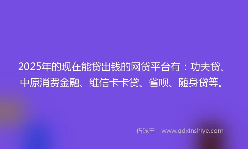 2025年的现在能贷出钱的网贷平台有：功夫贷、中原消费金融、维信卡卡贷、省呗、随身贷等。