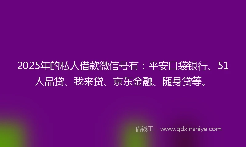 2025年的私人借款微信号有：平安口袋银行、51人品贷、我来贷、京东金融、随身贷等。