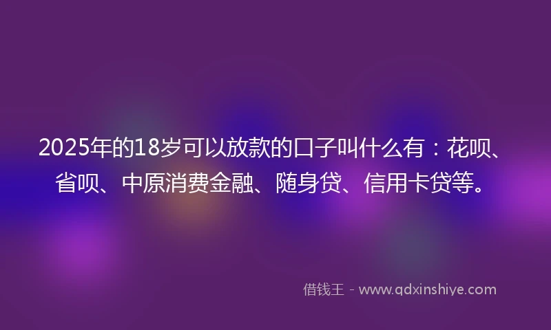 2025年的18岁可以放款的口子叫什么有：花呗、省呗、中原消费金融、随身贷、信用卡贷等。