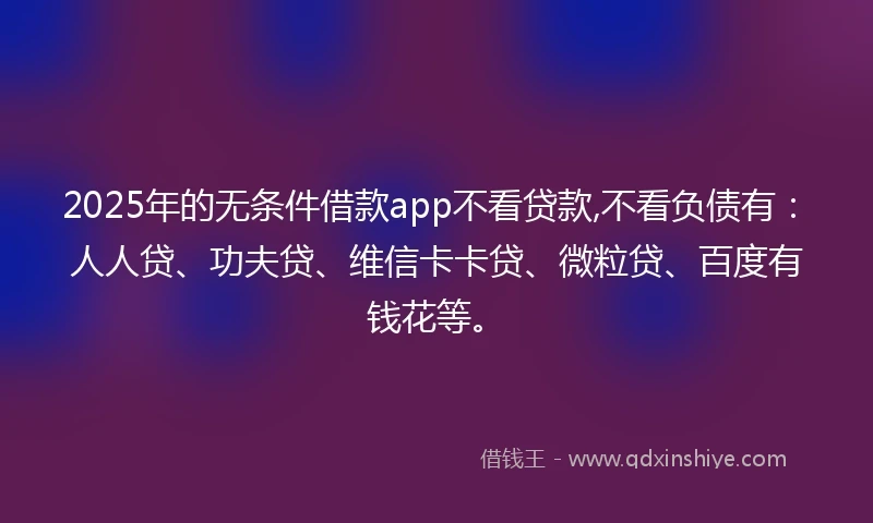 2025年的无条件借款app不看贷款,不看负债有：人人贷、功夫贷、维信卡卡贷、微粒贷、百度有钱花等。