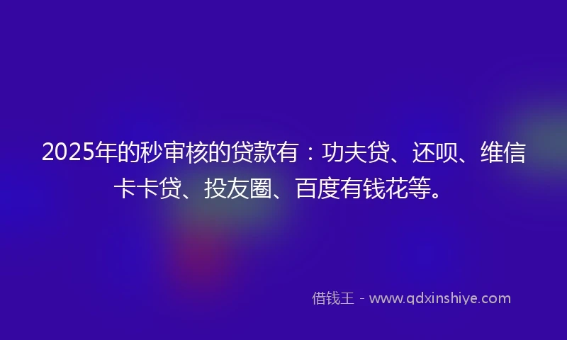2025年的秒审核的贷款有：功夫贷、还呗、维信卡卡贷、投友圈、百度有钱花等。