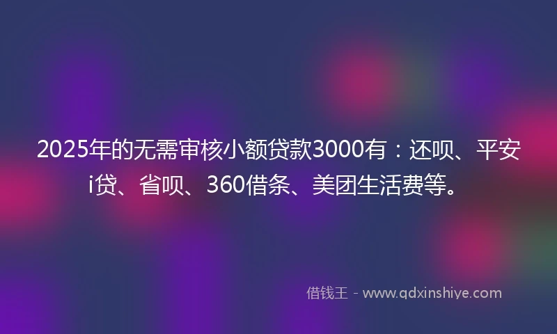 2025年的无需审核小额贷款3000有：还呗、平安i贷、省呗、360借条、美团生活费等。