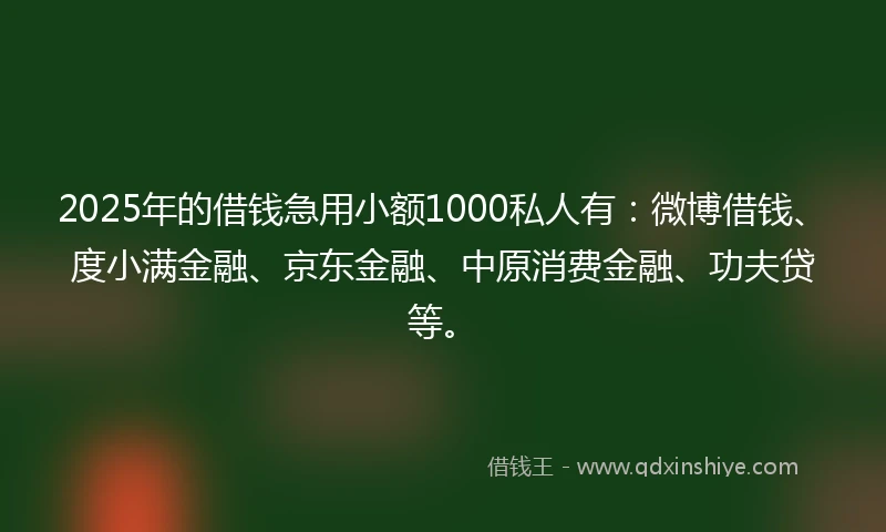 2025年的借钱急用小额1000私人有：微博借钱、度小满金融、京东金融、中原消费金融、功夫贷等。