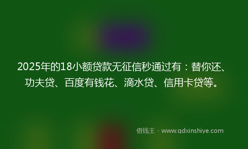 2025年的18小额贷款无征信秒通过有:替你还、功夫贷、百度有钱花、滴水贷、信用卡贷等。