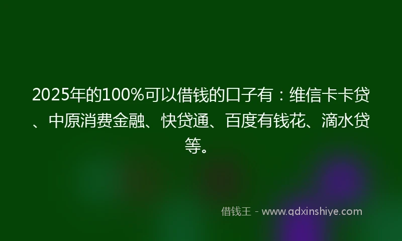 2025年的100%可以借钱的口子有：维信卡卡贷、中原消费金融、快贷通、百度有钱花、滴水贷等。