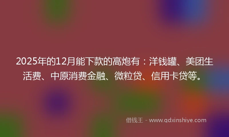 2025年的12月能下款的高炮有：洋钱罐、美团生活费、中原消费金融、微粒贷、信用卡贷等。