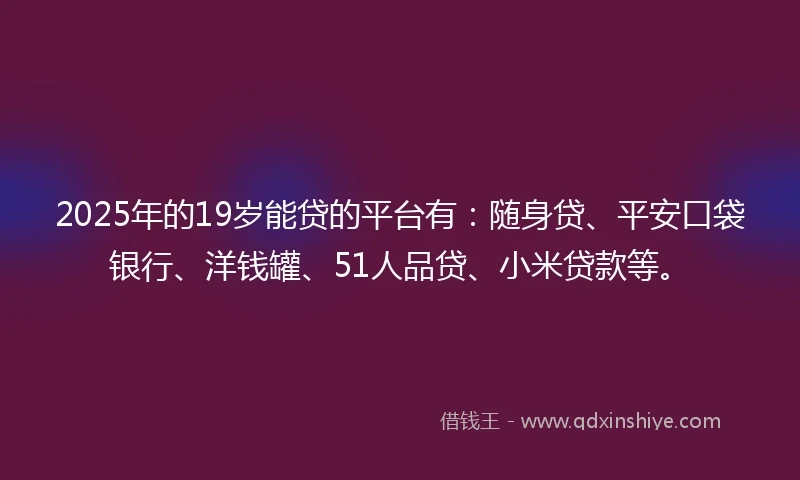 2025年的19岁能贷的平台有：随身贷、平安口袋银行、洋钱罐、51人品贷、小米贷款等。