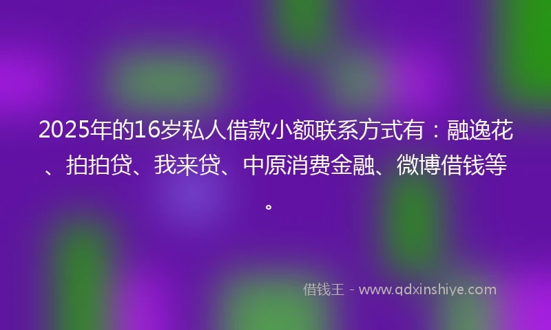 2025年的16岁私人借款小额联系方式有：融逸花、拍拍贷、我来贷、中原消费金融、微博借钱等。