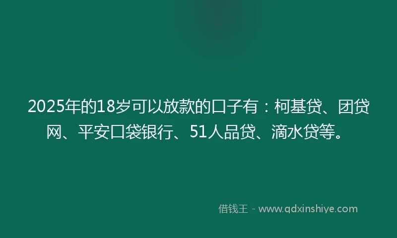 2025年的18岁可以放款的口子有：柯基贷、团贷网、平安口袋银行、51人品贷、滴水贷等。
