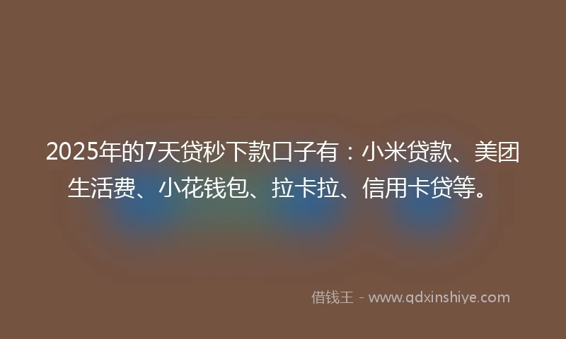 2025年的7天贷秒下款口子有：小米贷款、美团生活费、小花钱包、拉卡拉、信用卡贷等。