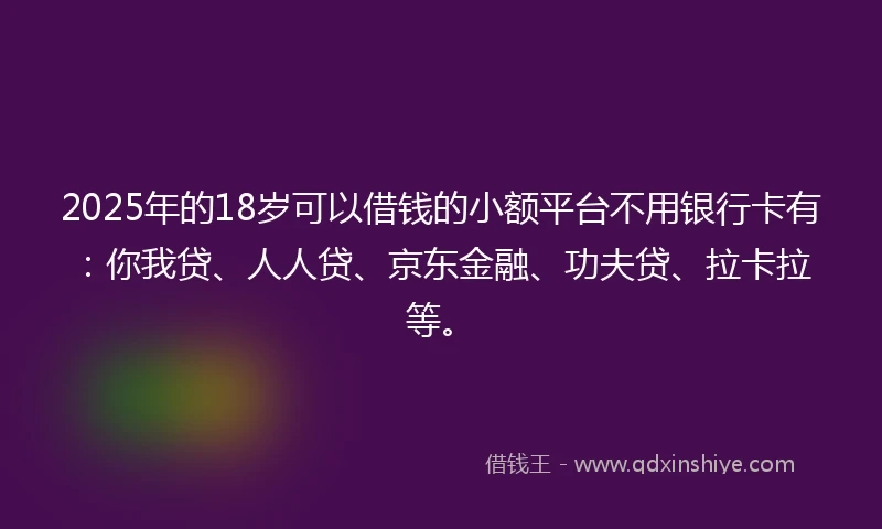 2025年的18岁可以借钱的小额平台不用银行卡有：你我贷、人人贷、京东金融、功夫贷、拉卡拉等。