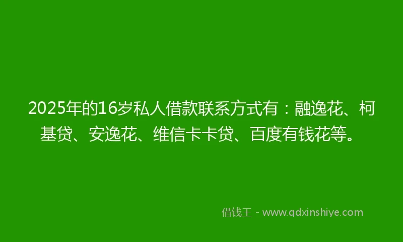 2025年的16岁私人借款联系方式有：融逸花、柯基贷、安逸花、维信卡卡贷、百度有钱花等。