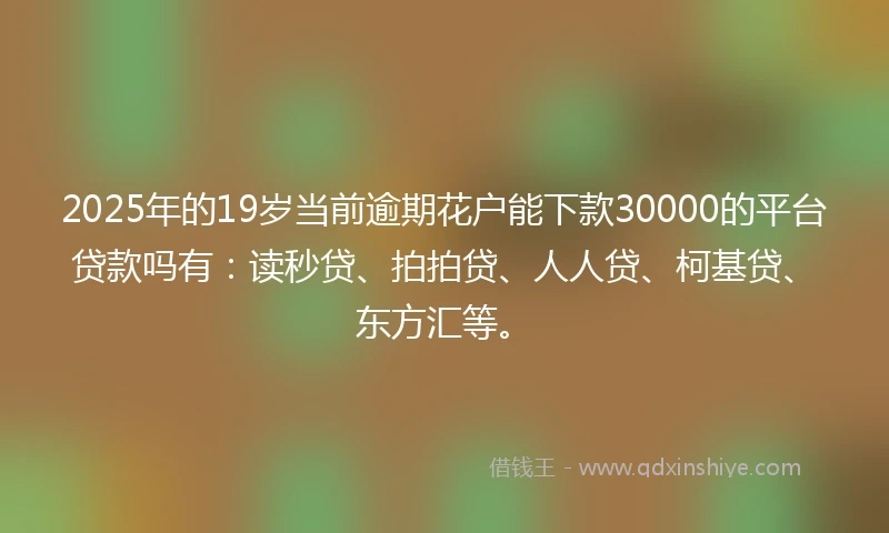 2025年的19岁当前逾期花户能下款30000的平台贷款吗有：读秒贷、拍拍贷、人人贷、柯基贷、东方汇等。