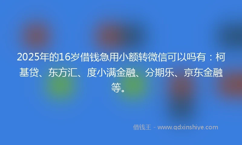 2025年的16岁借钱急用小额转微信可以吗有：柯基贷、东方汇、度小满金融、分期乐、京东金融等。