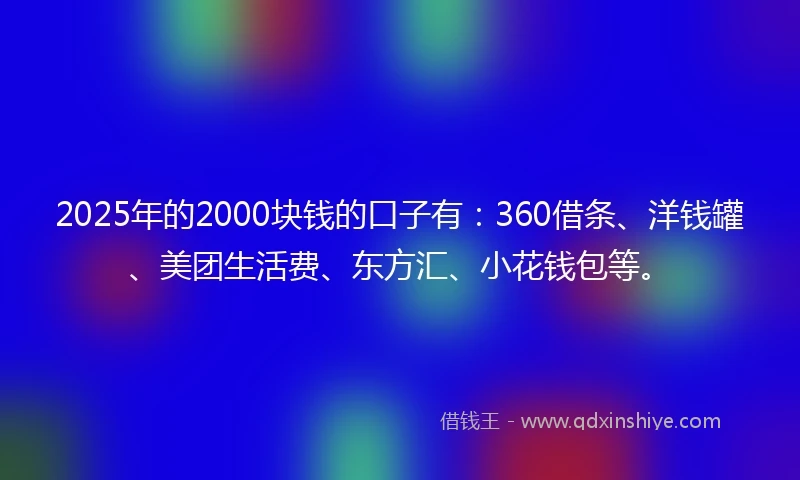 2025年的2000块钱的口子有：360借条、洋钱罐、美团生活费、东方汇、小花钱包等。