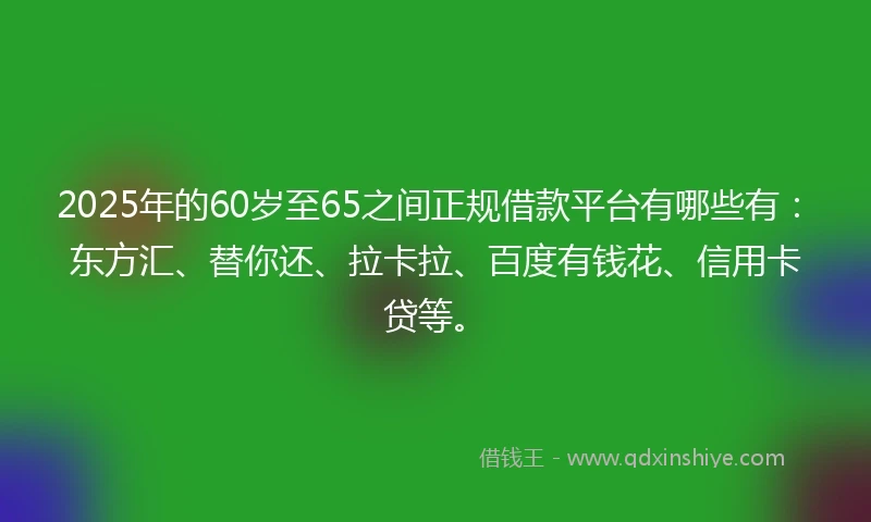 2025年的60岁至65之间正规借款平台有哪些有：东方汇、替你还、拉卡拉、百度有钱花、信用卡贷等。